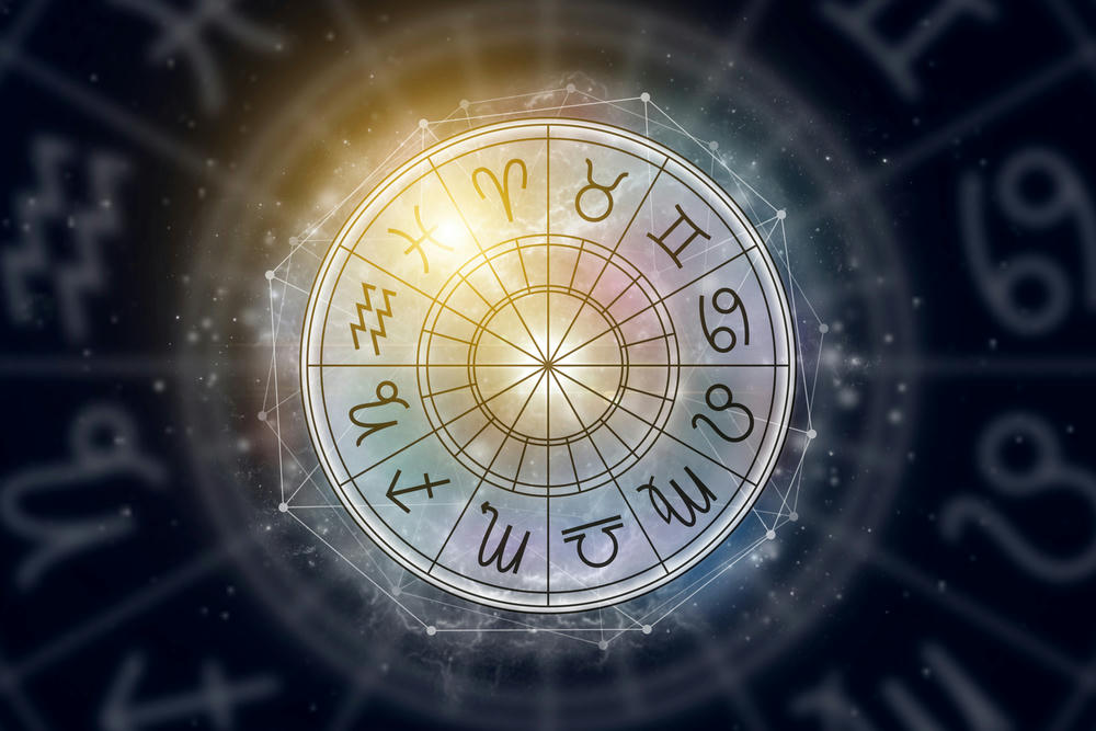 Astrological circle with the signs of the zodiac on a background of the starry sky.