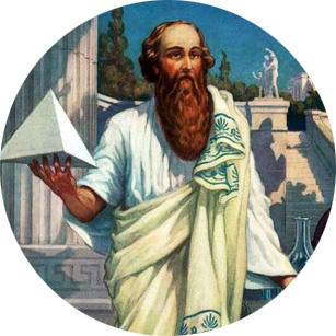 painting of Pythagoras holding a small pyramid in Greece