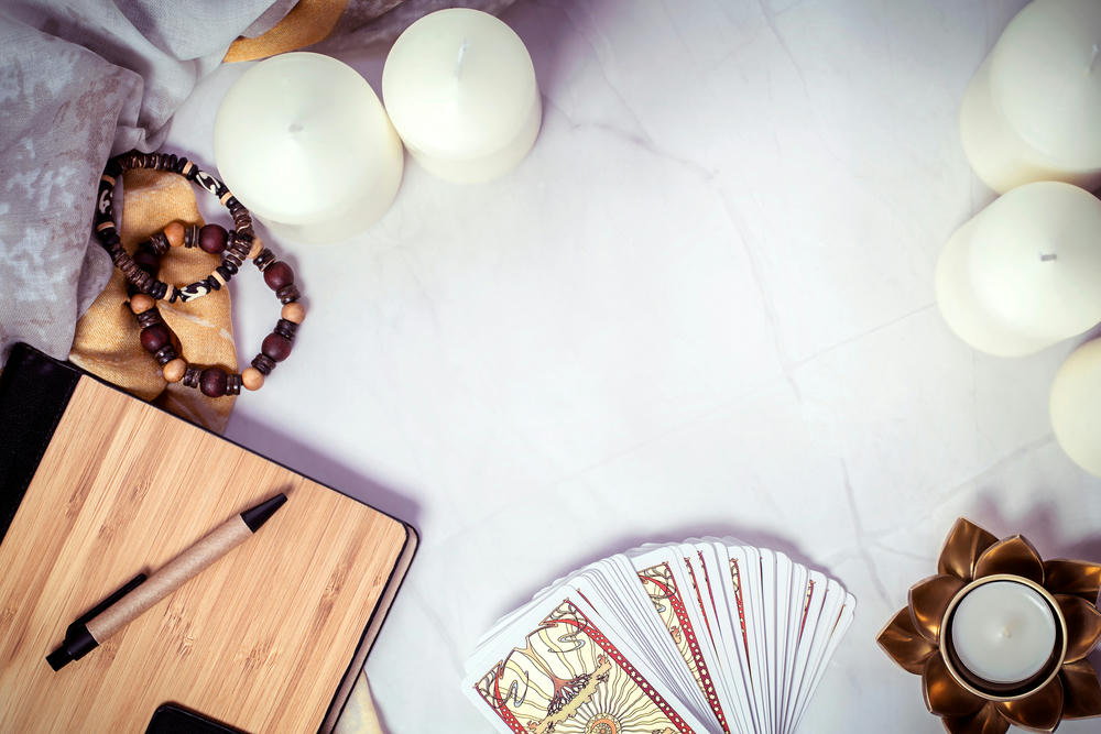Tarot cards on fortune teller desk. Future reading concept.